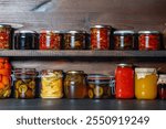 Many canned food in glass jars on wooden shelves in the cellar for winter consumption, close up. Food preservation. Colorful pickled and fermented jars of vegetables, honey, jam and other products