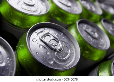 Many Cans Of Cold Beer With Condensation Water Droplets