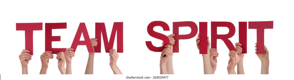 Many Caucasian People And Hands Holding Red Straight Letters Or Characters Building The Isolated English Word Team Spirit On White Background