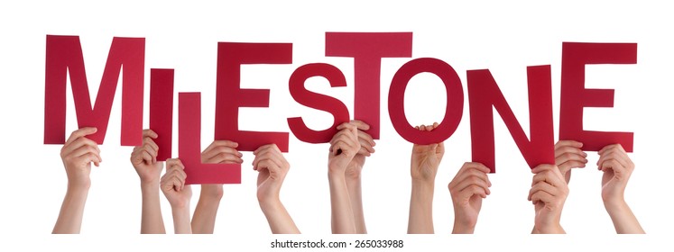 Many Caucasian People And Hands Holding Red Letters Or Characters Building The Isolated English Word Milestone On White Background
