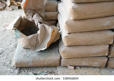 Many cement sacks and put a layer of cement bags that turn out to see the inside. - Shutterstock ID 158456834