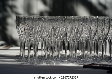 Many Champagne Glasses Close Up Detail On A Table