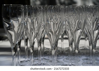 Many Champagne Glasses Close Up Detail On A Table