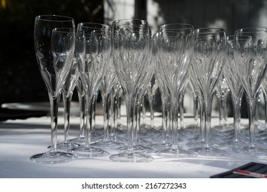 Many Champagne Glasses Close Up Detail On A Table