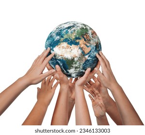 Many children hands holding planet earth isolated on white background - Shutterstock ID 2346133003