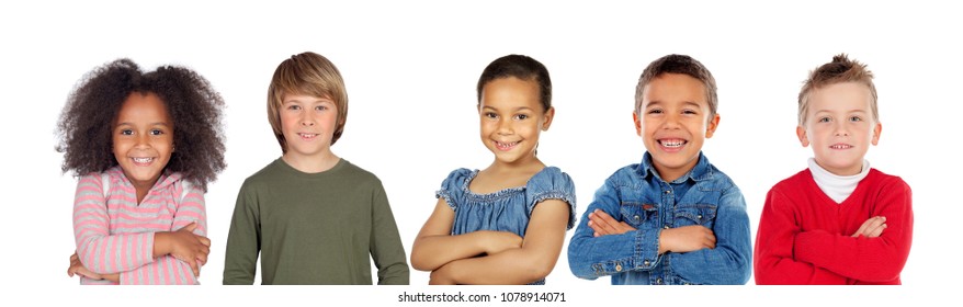 Many children looking at camera isolated on a white background