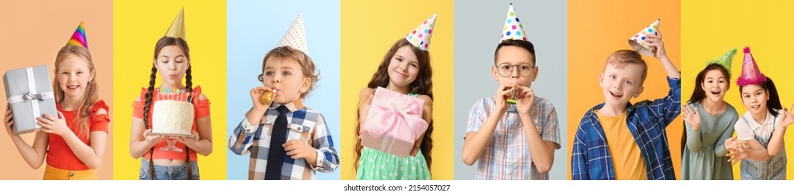 Many children in party hats on colorful background - Powered by Shutterstock