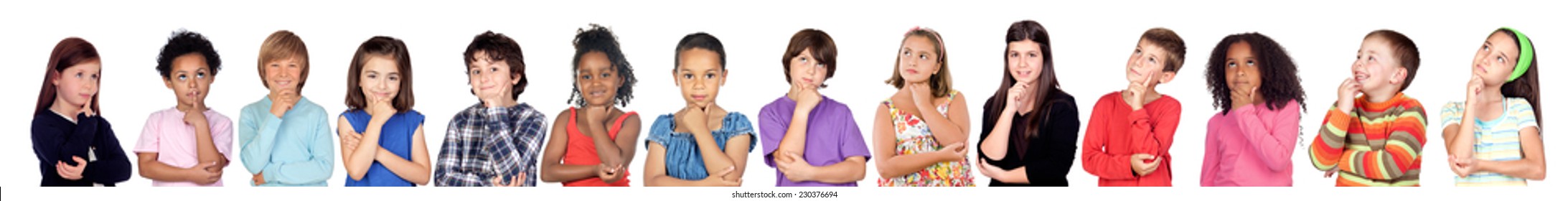 Many children thinking isolate on a white background