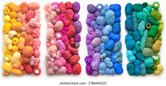 Many colorful balls wool   cotton yarn for knitting  White background  Stretch   gradient  Rainbow layout 