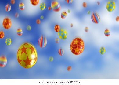 Many Colorful Easter Eggs Falling From The Sky