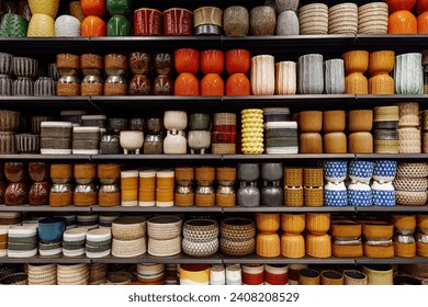 Many colorful flower pots in different sizes in a gardening store. Rows of decorative ceramic pots for houseplants. Ceramic and clay pottery - Powered by Shutterstock