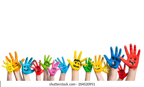 many colorful hands with smileys