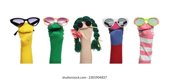 Many colorful sock puppets on white background, collage design