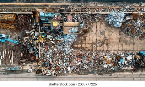 Many containers for collecting scrap metal, collecting metal for secondary raw materials. Metal waste for recycling. Ferrous scrap, non-ferrous scrap. Import and export of scrap. View from above