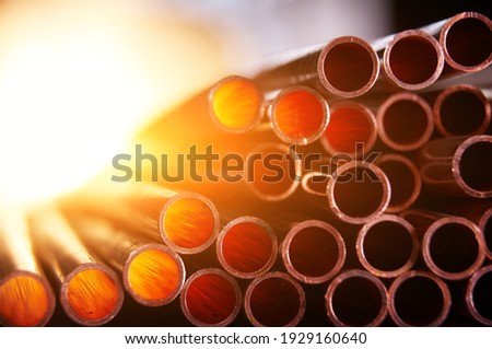Many copper pipes, warehouse copper plates. close up