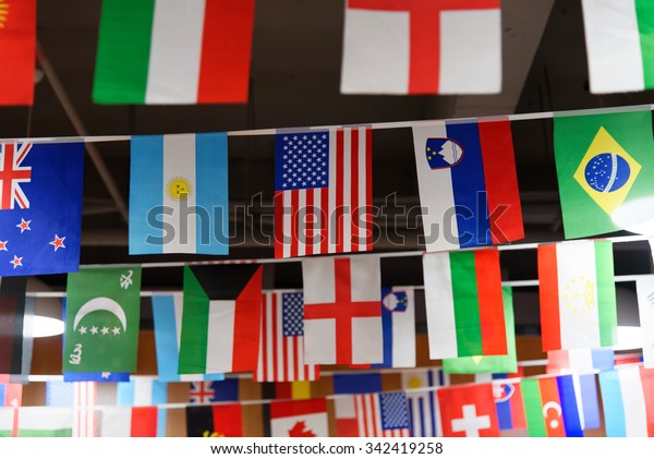 Many Countries Flags Hanging Ceiling On Stock Photo Edit