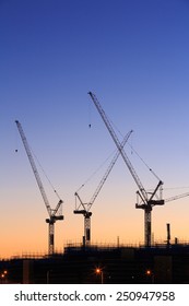 Many Cranes At Australian Construction Site (Sunshine Coast, Kawana Waters, QLD, Australia)-all Logos Removed