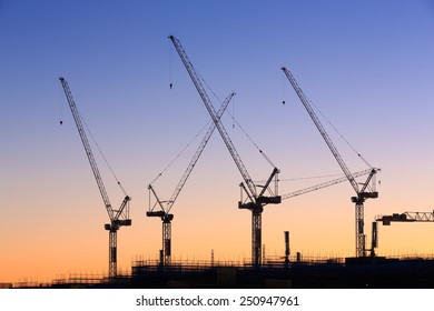 Many Cranes At Australian Construction Site (Sunshine Coast, Kawana Waters, QLD, Australia)-all Logos Removed