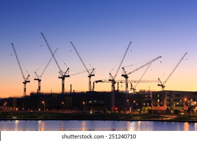 Many Cranes At Australian Construction Site (Sunshine Coast, Kawana Waters, QLD, Australia)