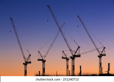 Many Cranes At Australian Construction Site (Sunshine Coast, Kawana Waters, QLD, Australia) - All Logos Removed