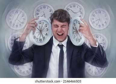 So Many Deadlines, So Little Time. A Businessman Screaming While Surrounded By Multiple Clocks.