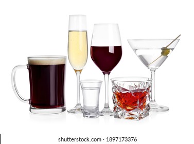Many Different Alcoholic Drinks On White Background