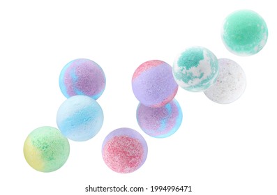 Many different aromatic bath bombs falling on white background