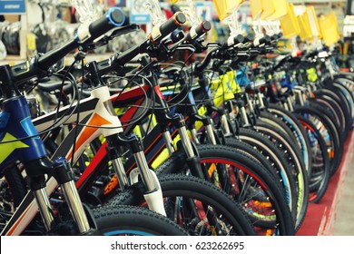 Many Different Bicycles Indoors, Closeup