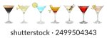 Many different cocktails in martini glasses isolated on white, collection