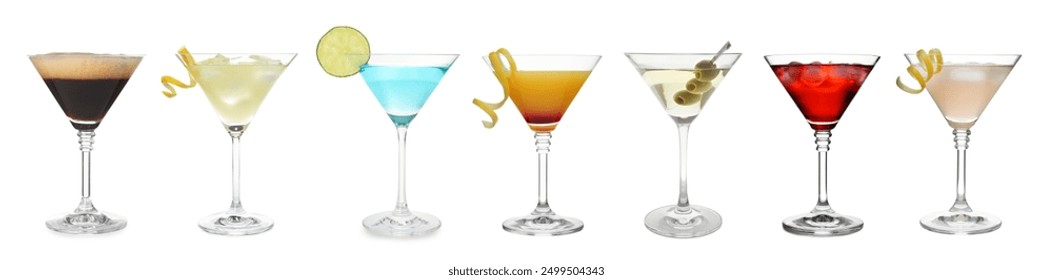 Many different cocktails in martini glasses isolated on white, collection - Powered by Shutterstock