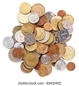 Many Different Coins Collection On White Background