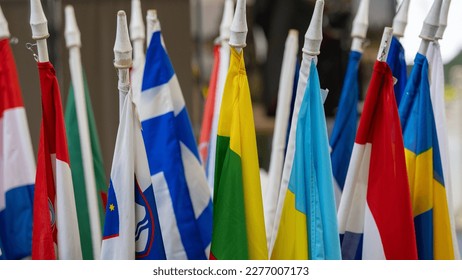 many different colorful flags in a stand on an exhibition - Shutterstock ID 2277007173