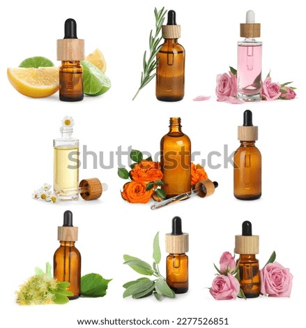 Many different essential oils and ingredients on white background, collage