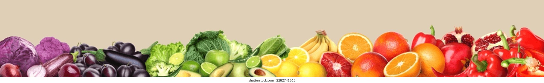 Many different fresh fruits and vegetables on beige background. Banner design - Shutterstock ID 2282741665