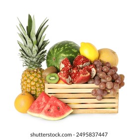 Many different fresh fruits in wooden crate isolated on white - Powered by Shutterstock