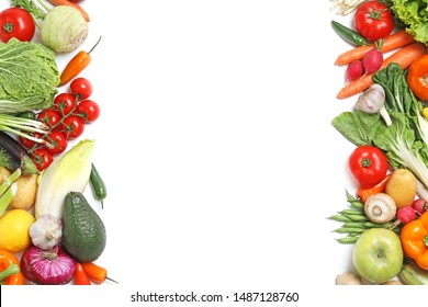 Many Different Fresh Vegetables On White Background, Top View