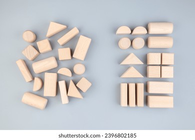 Many different geometric wooden toys in confused positions on the left, rearranged into the same types on the right, category, classification concept
