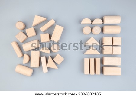 Many different geometric wooden toys in confused positions on the left, rearranged into the same types on the right, category, classification concept