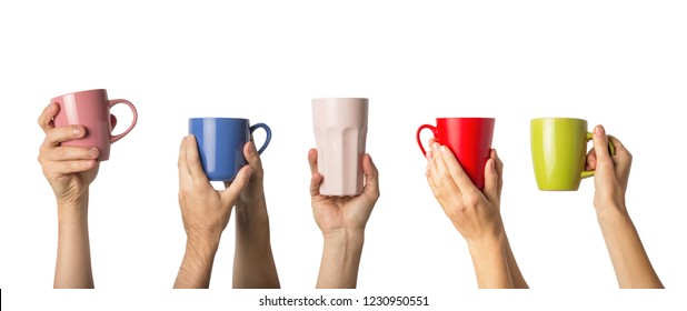 Many different hands holding multi colored cups of coffee on a white background. Female and male hands. Concept of a friendly team, a coffee break, meeting friends, morning in the team. Banner - Powered by Shutterstock