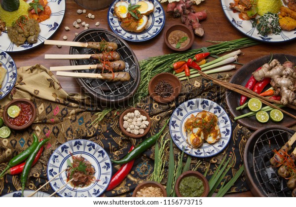 Many different indonesian food dishes. Various\
indonesian bali food