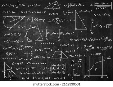 Many different math formulas written on blackboard. Algebra and Geometry