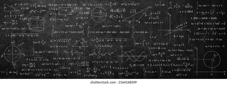 Many different math formulas written on blackboard. Algebra and Geometry