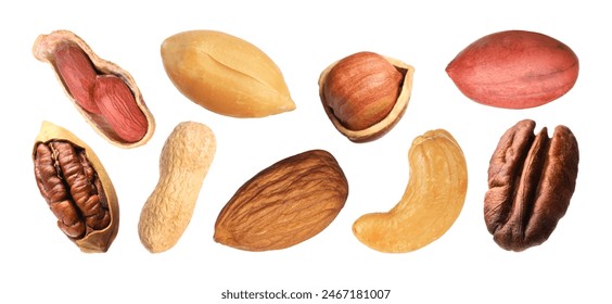 Many different nuts isolated on white, set