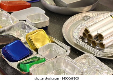 Many Different Products From Aluminum. Aluminum Food Packaging, Foil. Disposable Food Containers Made Of Aluminum.