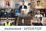 Many different professions collage. Happy people portraits mix. Lot smiling workers. Joy employee team work. Faces staff multi screen. Various job split. Young adult guy girl group. Man race diverse.