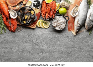 Many different sea food on grey table, top view - Powered by Shutterstock