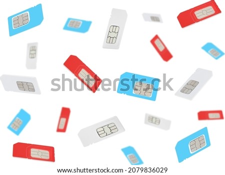 Many different SIM cards falling on white background 