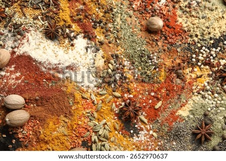 Many different spices as background, top view