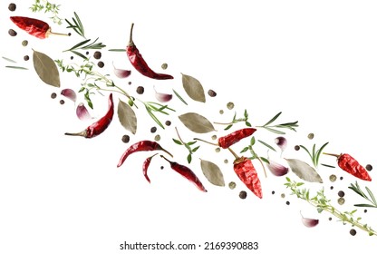 Many Different Spices Flying On White Background