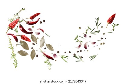 Many different spices flying on white background - Shutterstock ID 2172843349